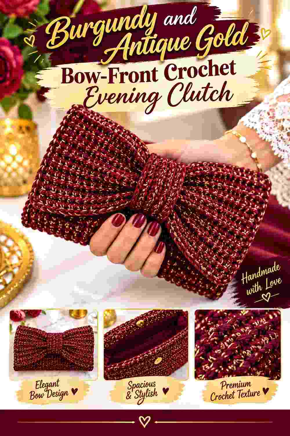9. Burgundy And Antique Gold Bow Front Crochet Evening Clutch