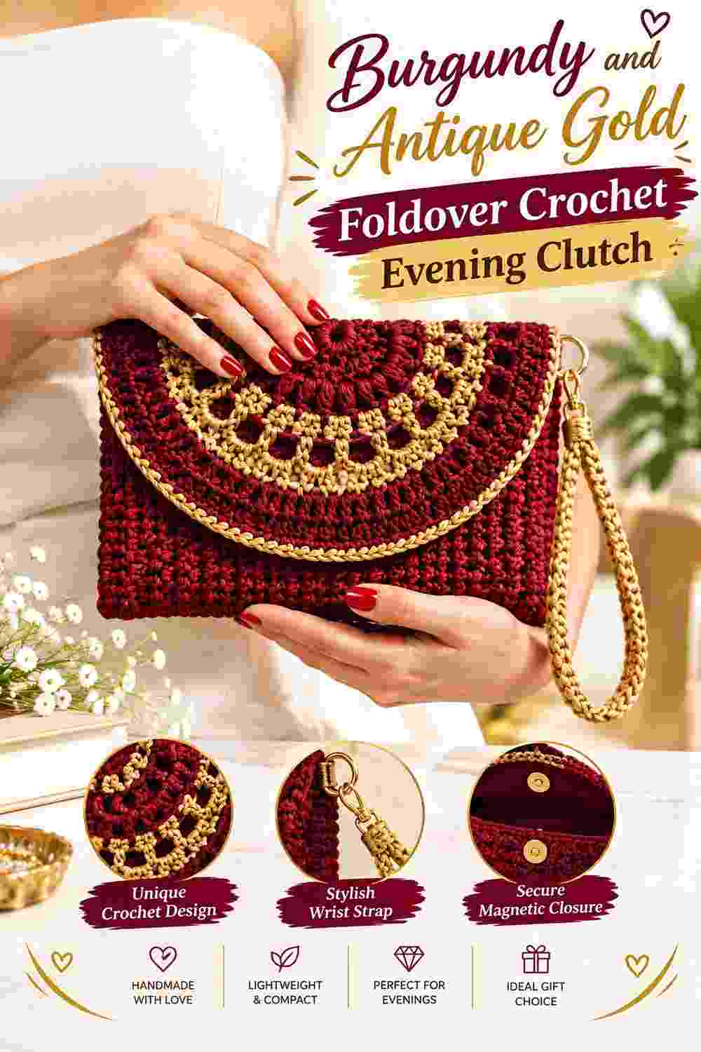 1. Burgundy And Antique Gold Foldover Crochet Evening Clutch