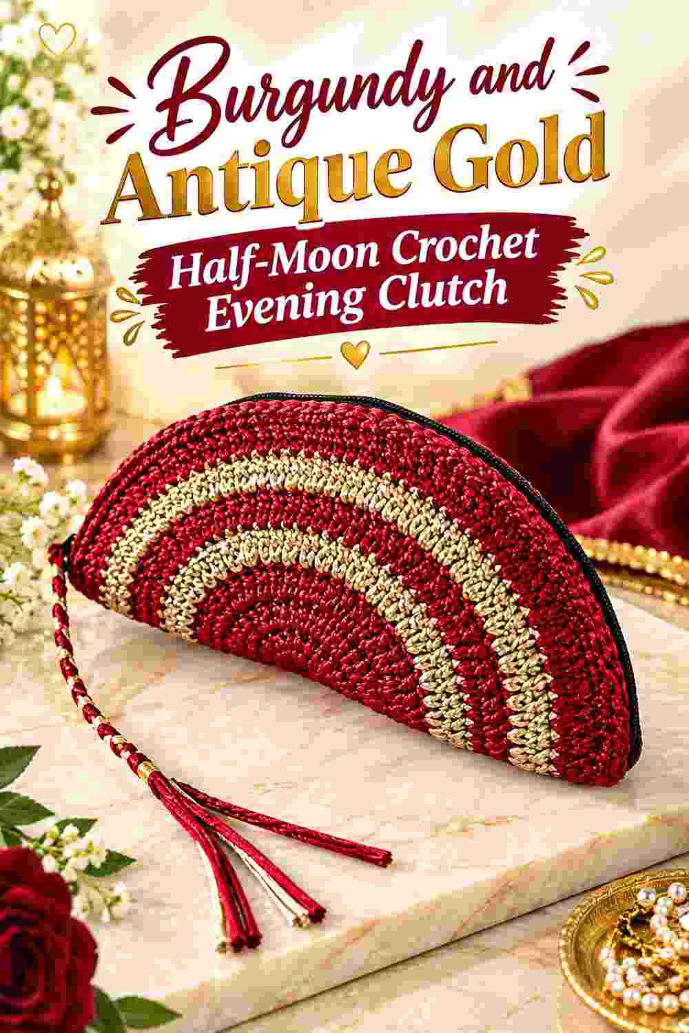 13. Burgundy And Antique Gold Half Moon Crochet Evening Clutch