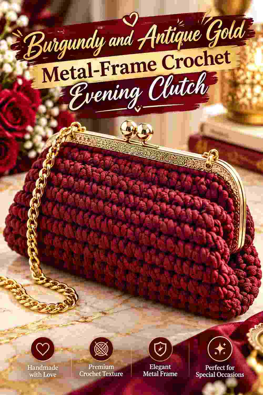 16. Burgundy And Antique Gold Metal Frame Crochet Evening Clutch
