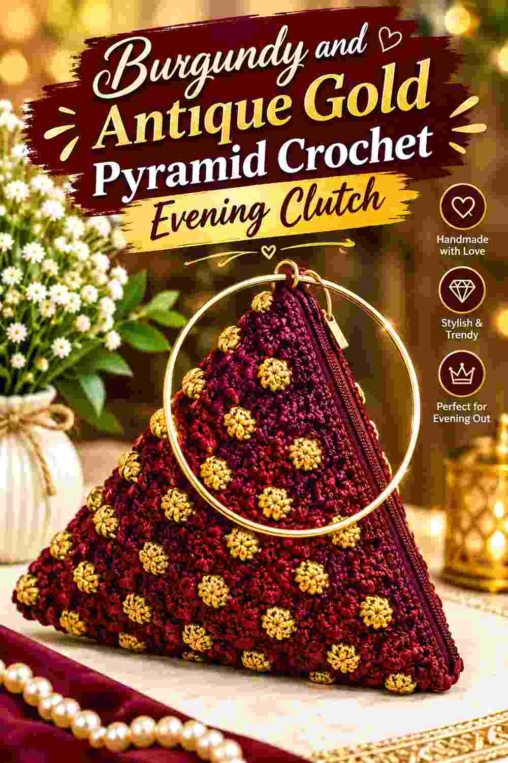 14. Burgundy And Antique Gold Pyramid Crochet Evening Clutch