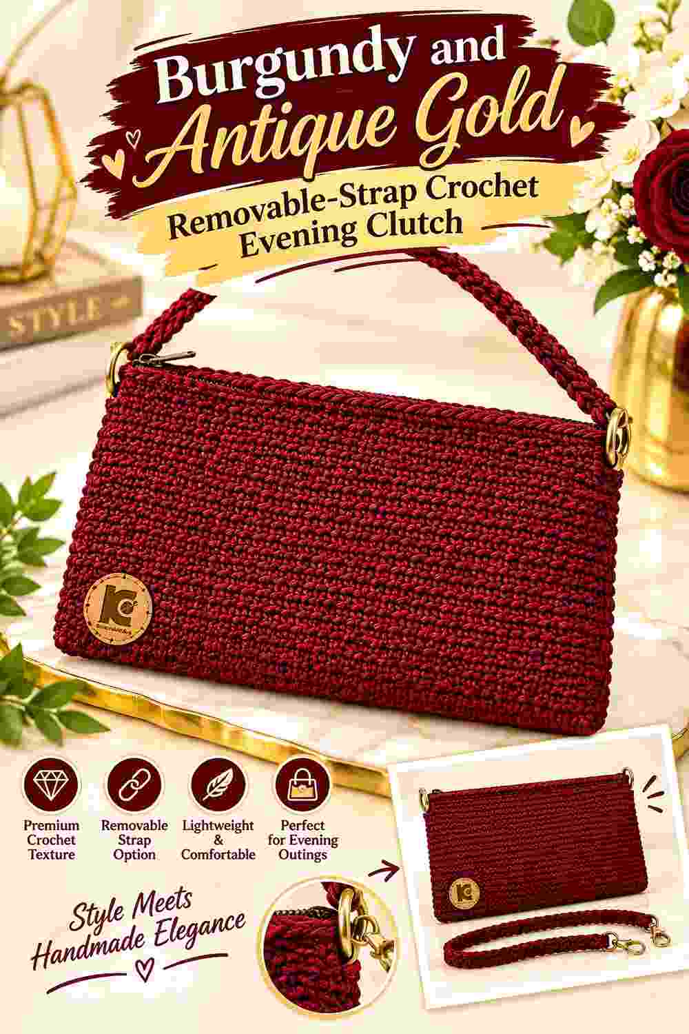 7. Burgundy And Antique Gold Removable Strap Crochet Evening Clutch