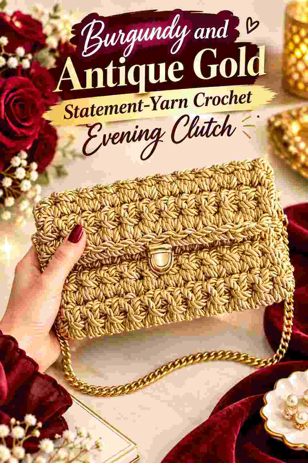15. Burgundy And Antique Gold Statement Yarn Crochet Evening Clutch