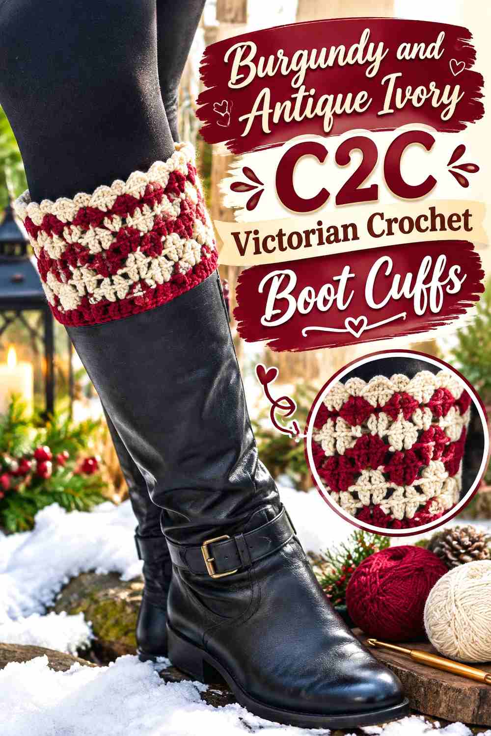 3. Burgundy And Antique Ivory C2c Victorian Crochet Boot Cuffs
