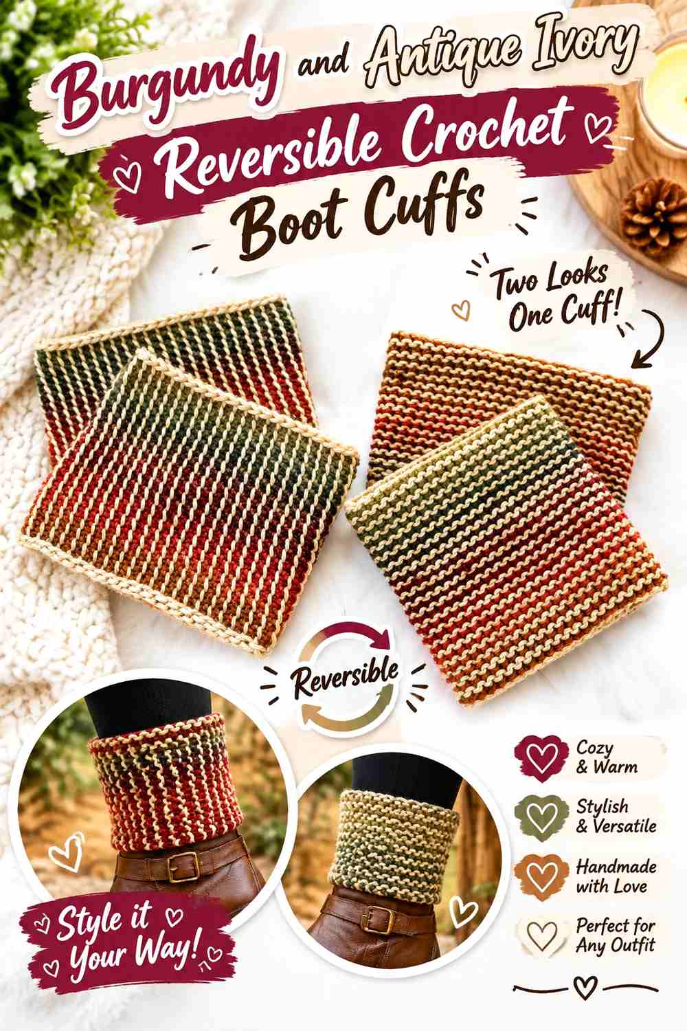 5. Burgundy And Antique Ivory Reversible Crochet Boot Cuffs