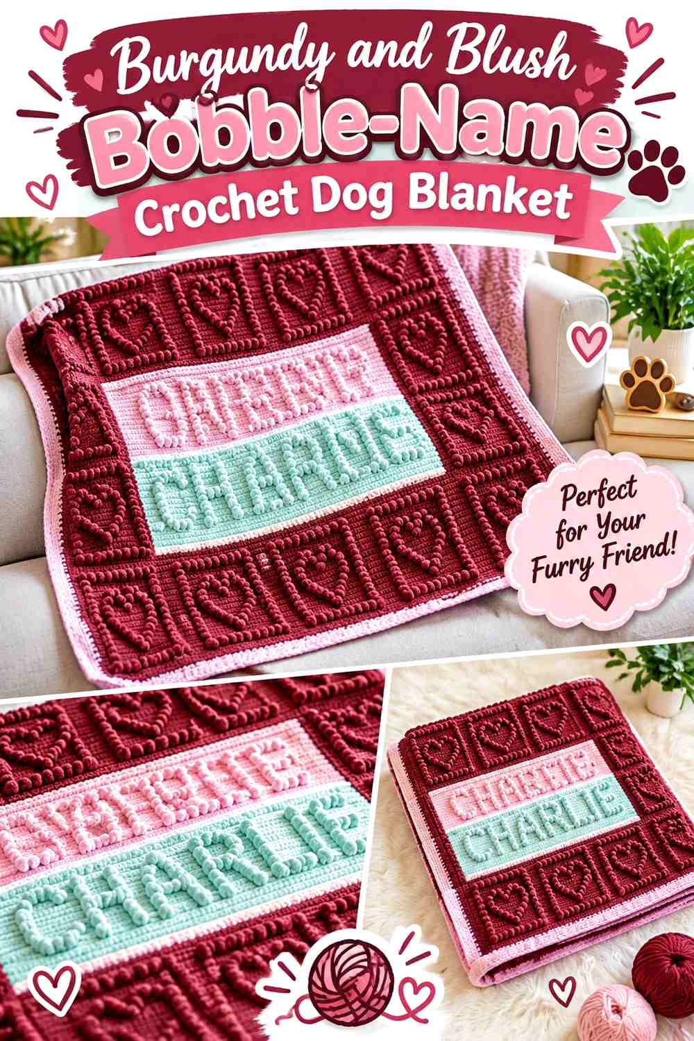 Burgundy and Blush Bobble-Name Crochet Dog Blanket