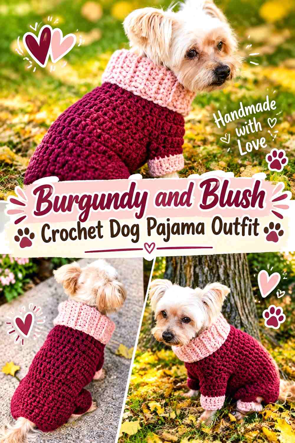 Burgundy and Blush Crochet Dog Pajama Outfit