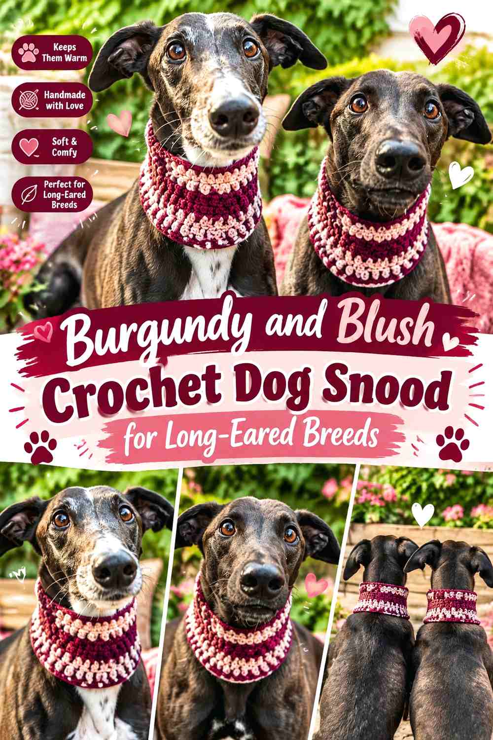 Burgundy and Blush Crochet Dog Snood for Long-Eared Breeds