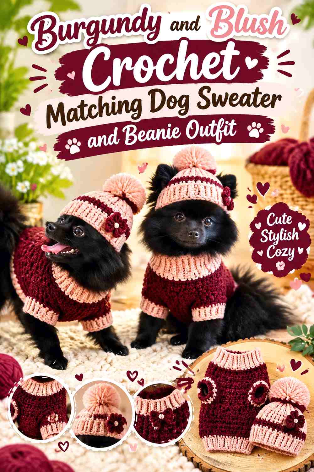 Burgundy and Blush Crochet Matching Dog Sweater and Beanie Outfit
