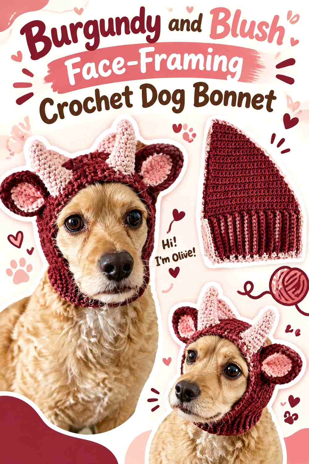 Burgundy and Blush Face-Framing Crochet Dog Bonnet