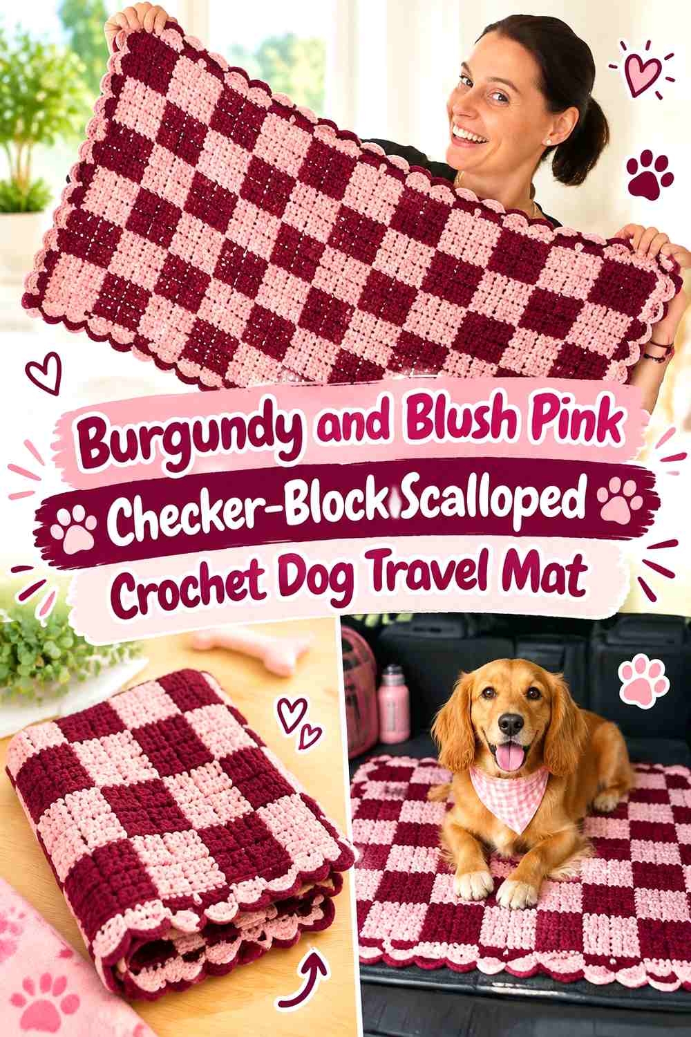 Burgundy and Blush Pink Checker-Block Scalloped Crochet Dog Travel Mat