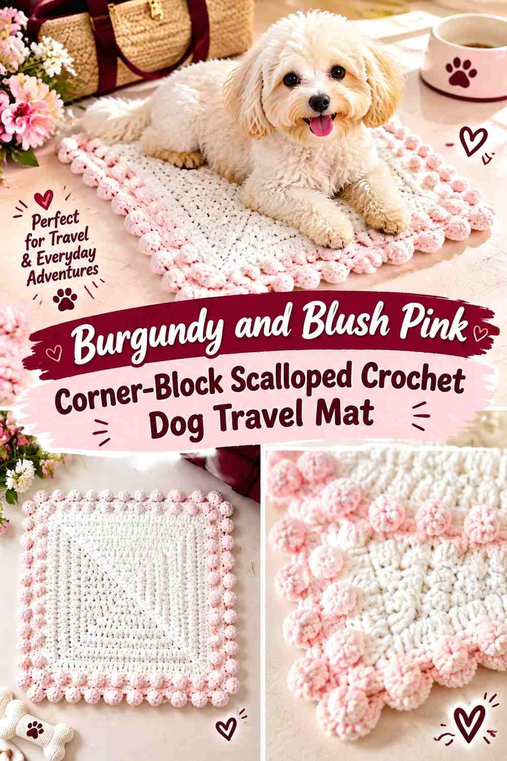 Burgundy and Blush Pink Corner-Block Scalloped Crochet Dog Travel Mat