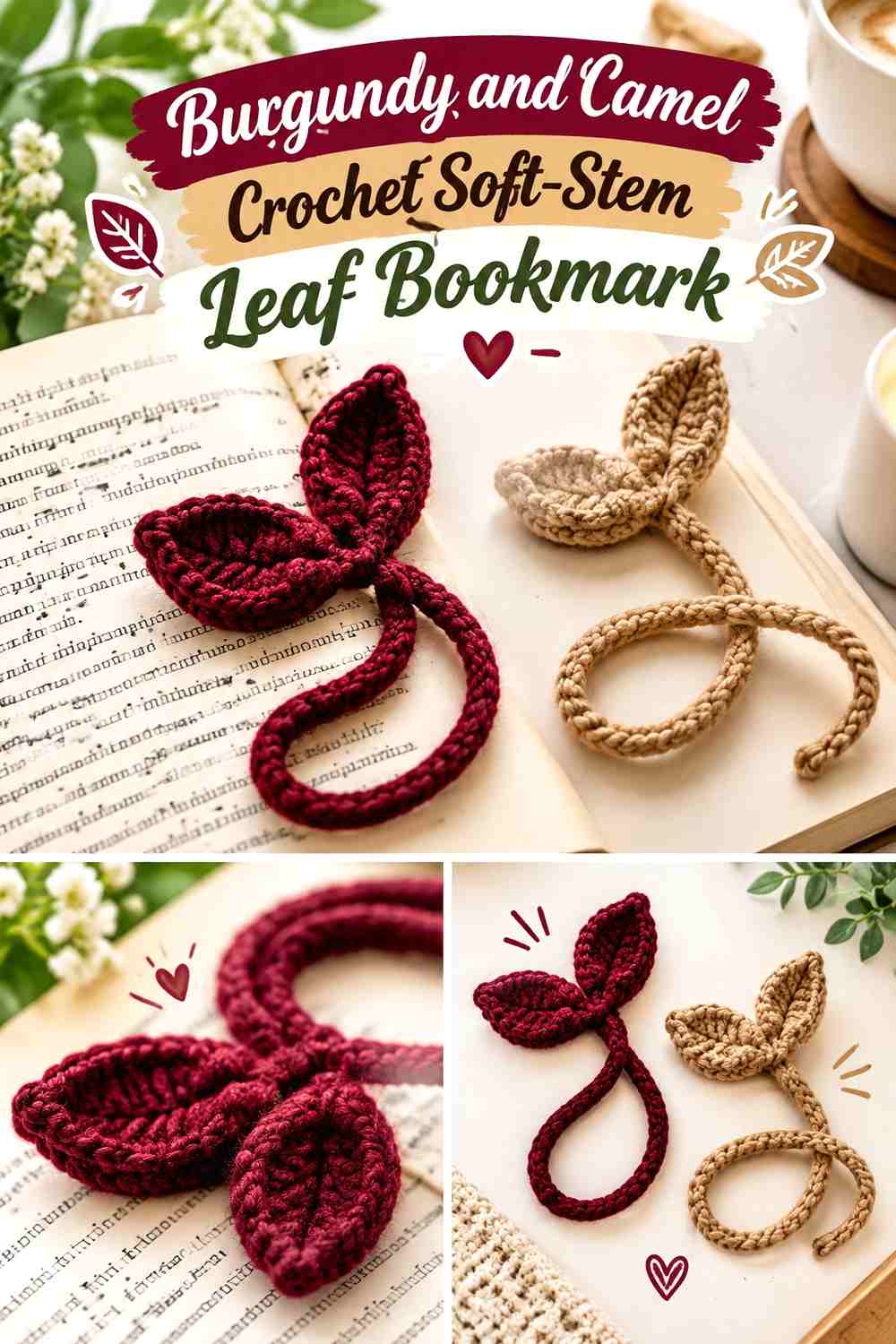 Burgundy and Camel Crochet Soft-Stem Leaf Bookmark