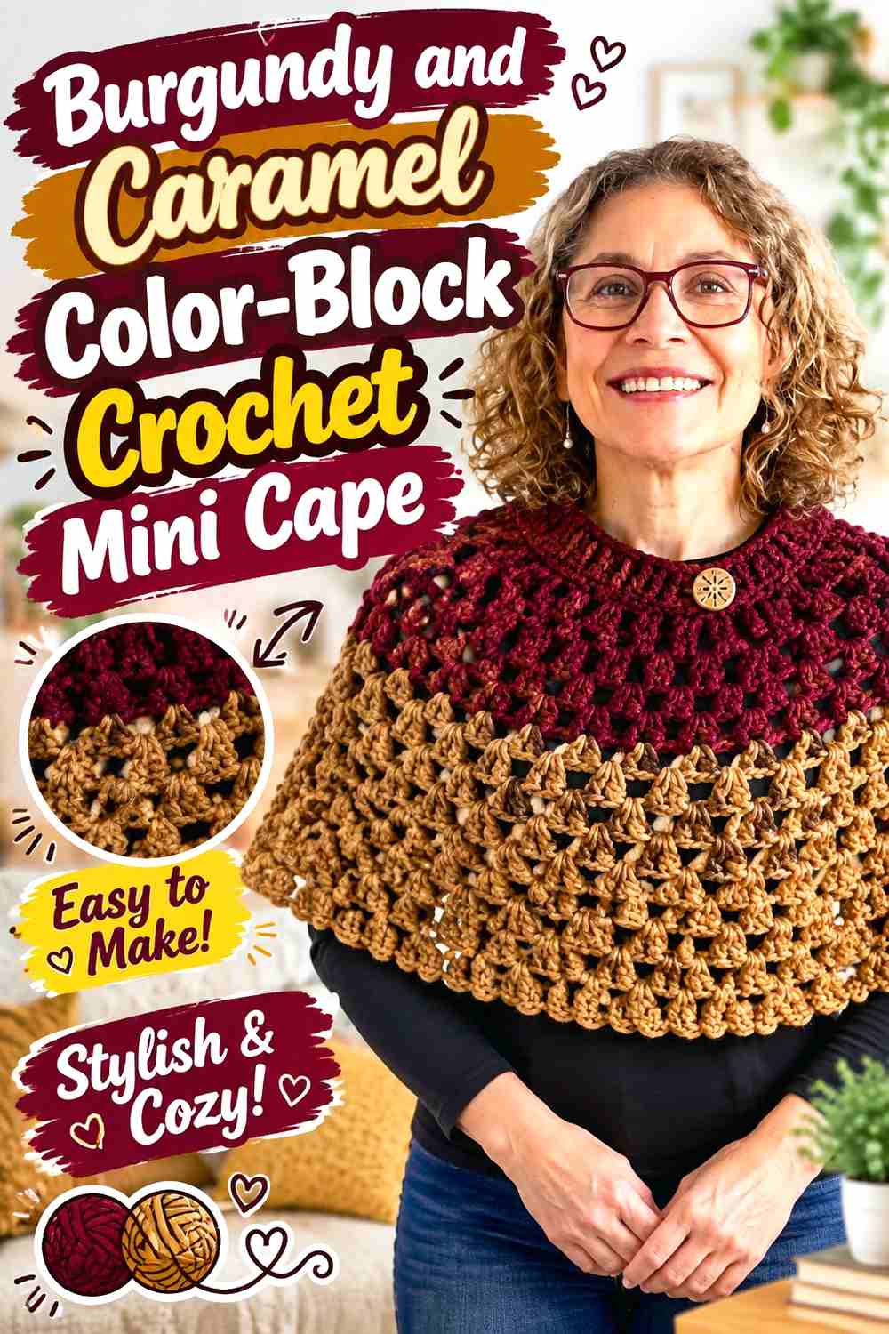 7. Burgundy And Caramel Color Block Crochet Mini Cape