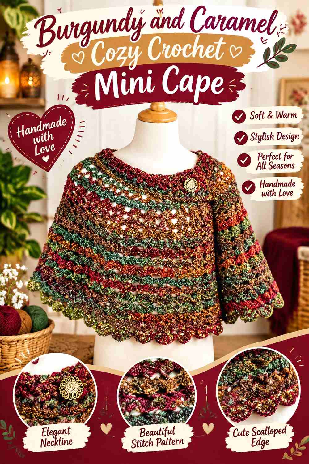 3. Burgundy And Caramel Cozy Crochet Mini Cape