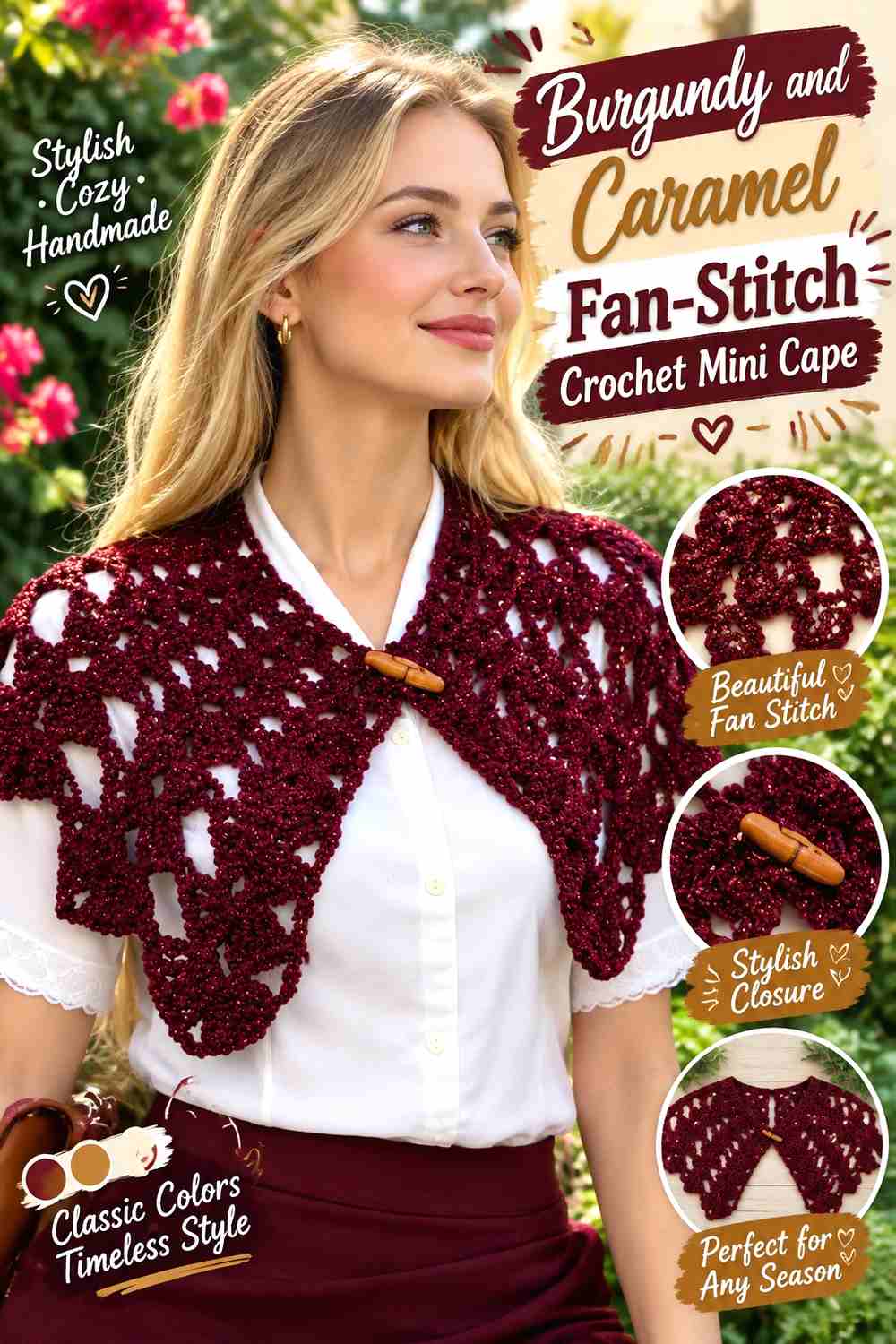 11. Burgundy And Caramel Fan Stitch Crochet Mini Cape
