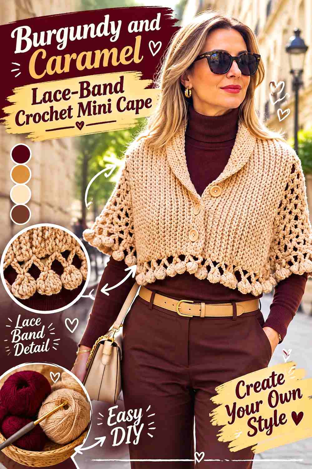9. Burgundy And Caramel Lace Band Crochet Mini Cape