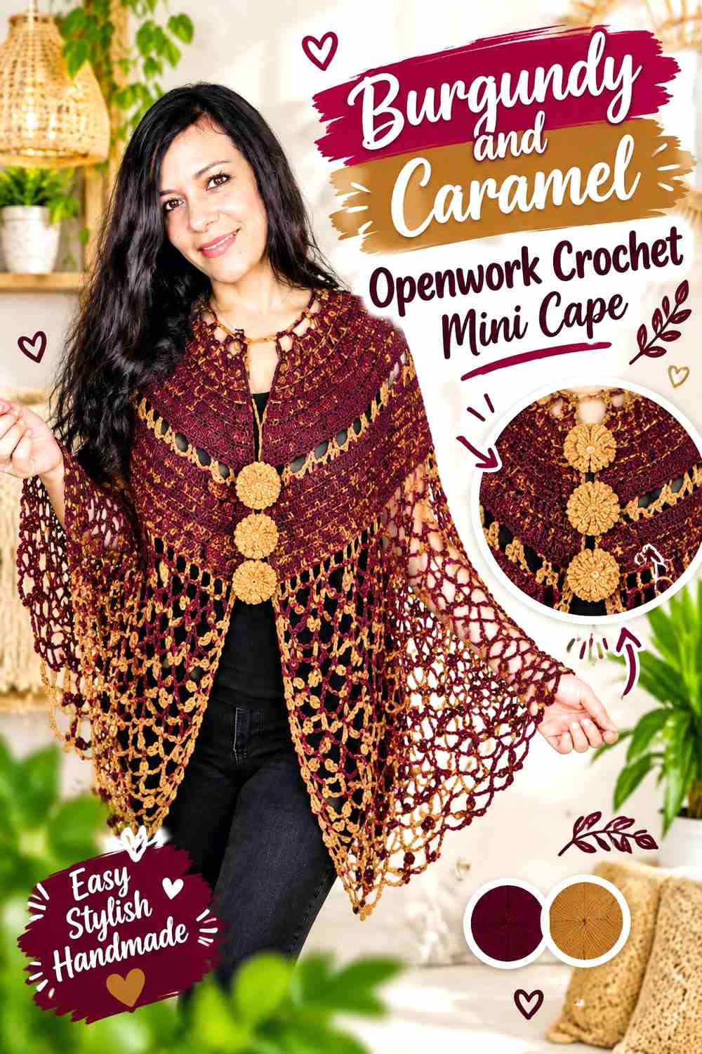 6. Burgundy And Caramel Openwork Crochet Mini Cape