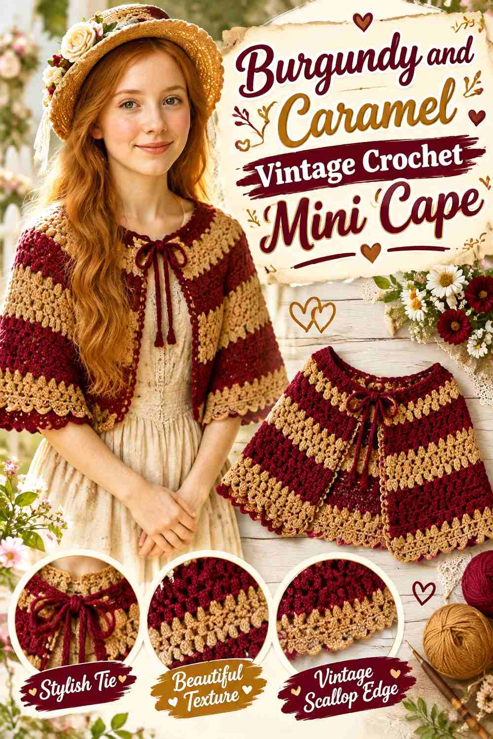 4. Burgundy And Caramel Vintage Crochet Mini Cape