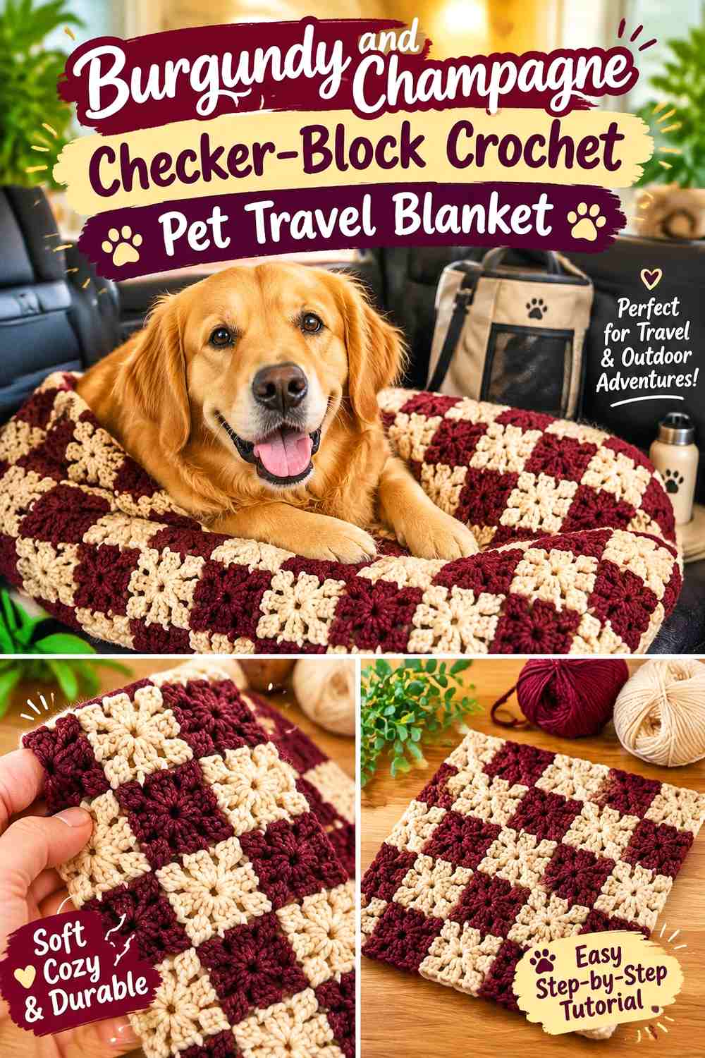 Burgundy and Champagne Checker-Block Crochet Pet Travel Blanket