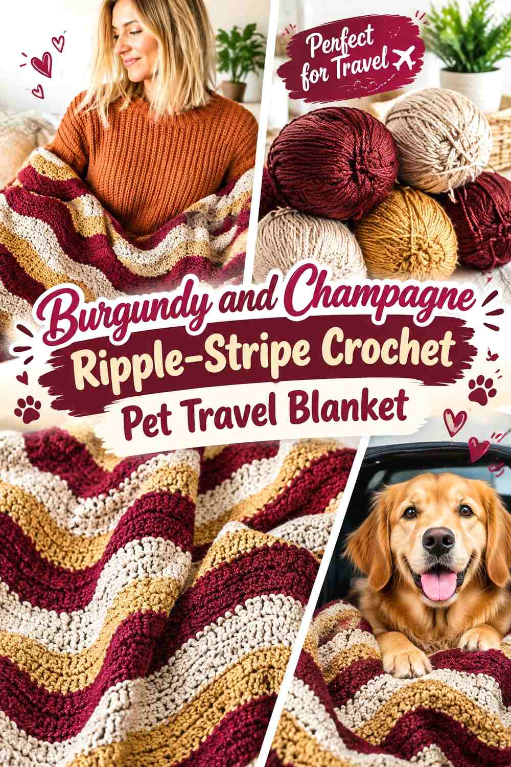 Burgundy and Champagne Ripple-Stripe Crochet Pet Travel Blanket