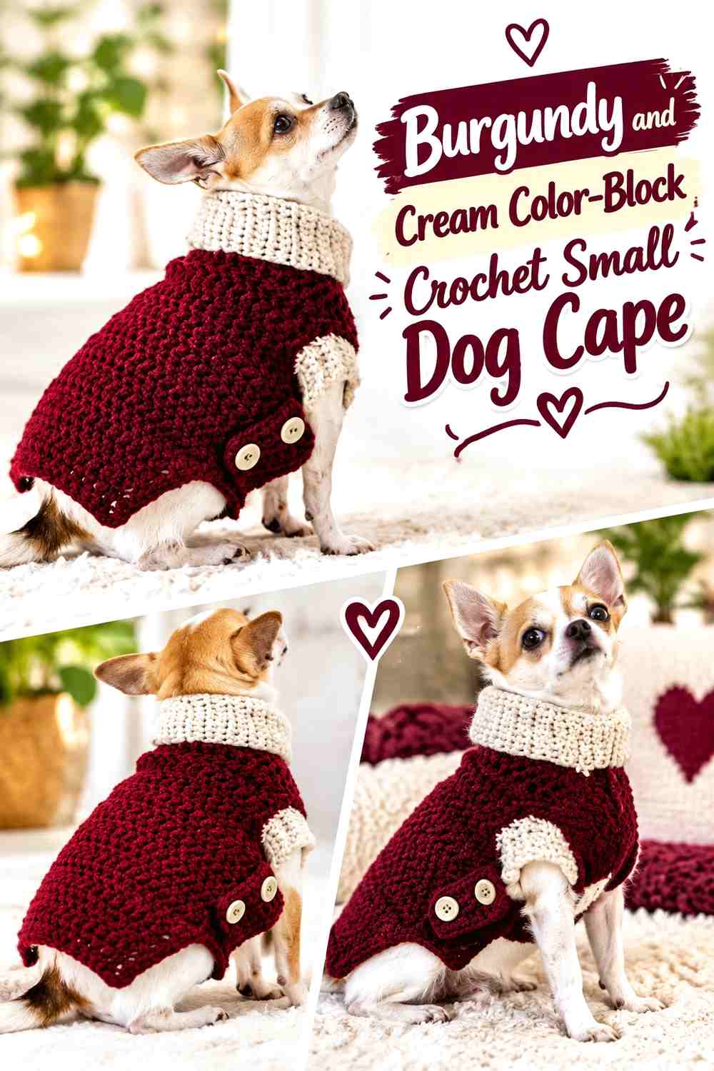 Burgundy and Cream Color-Block Crochet Small Dog Cape