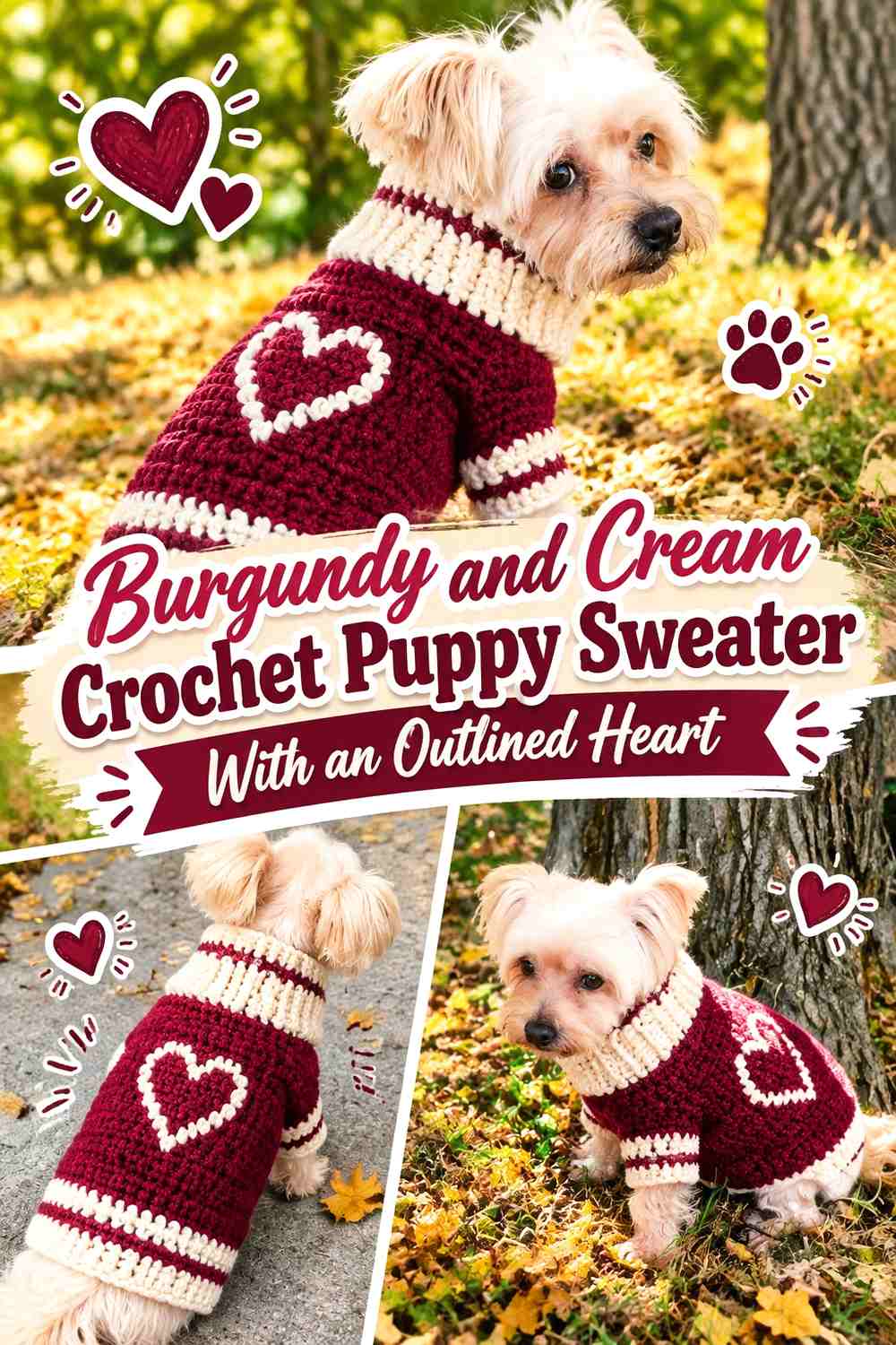 Burgundy and Cream Crochet Puppy Sweater With an Outlined Heart
