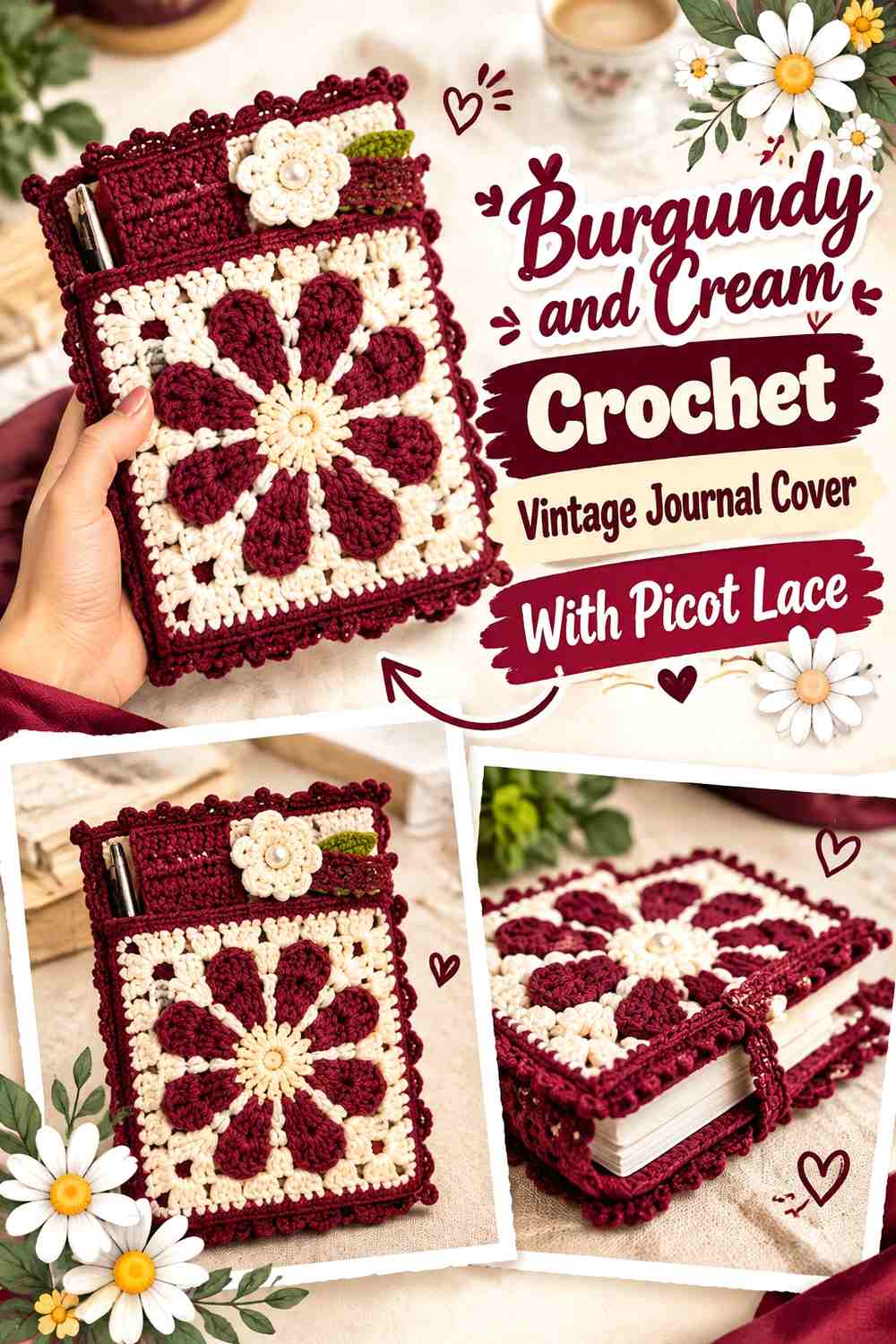 Burgundy and Cream Crochet Vintage Journal Cover With Picot Lace