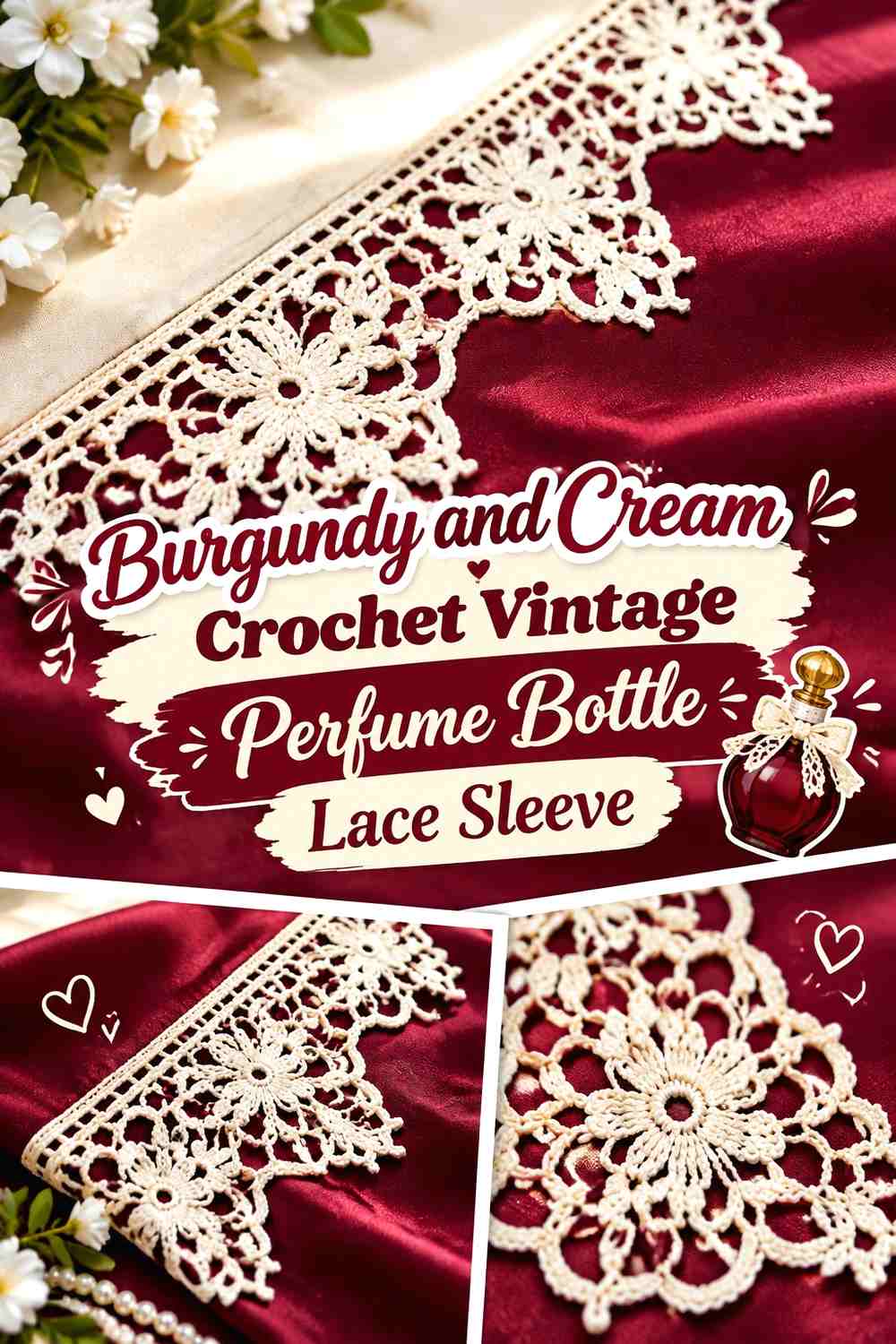 Burgundy and Cream Crochet Vintage Perfume Bottle Lace Sleeve