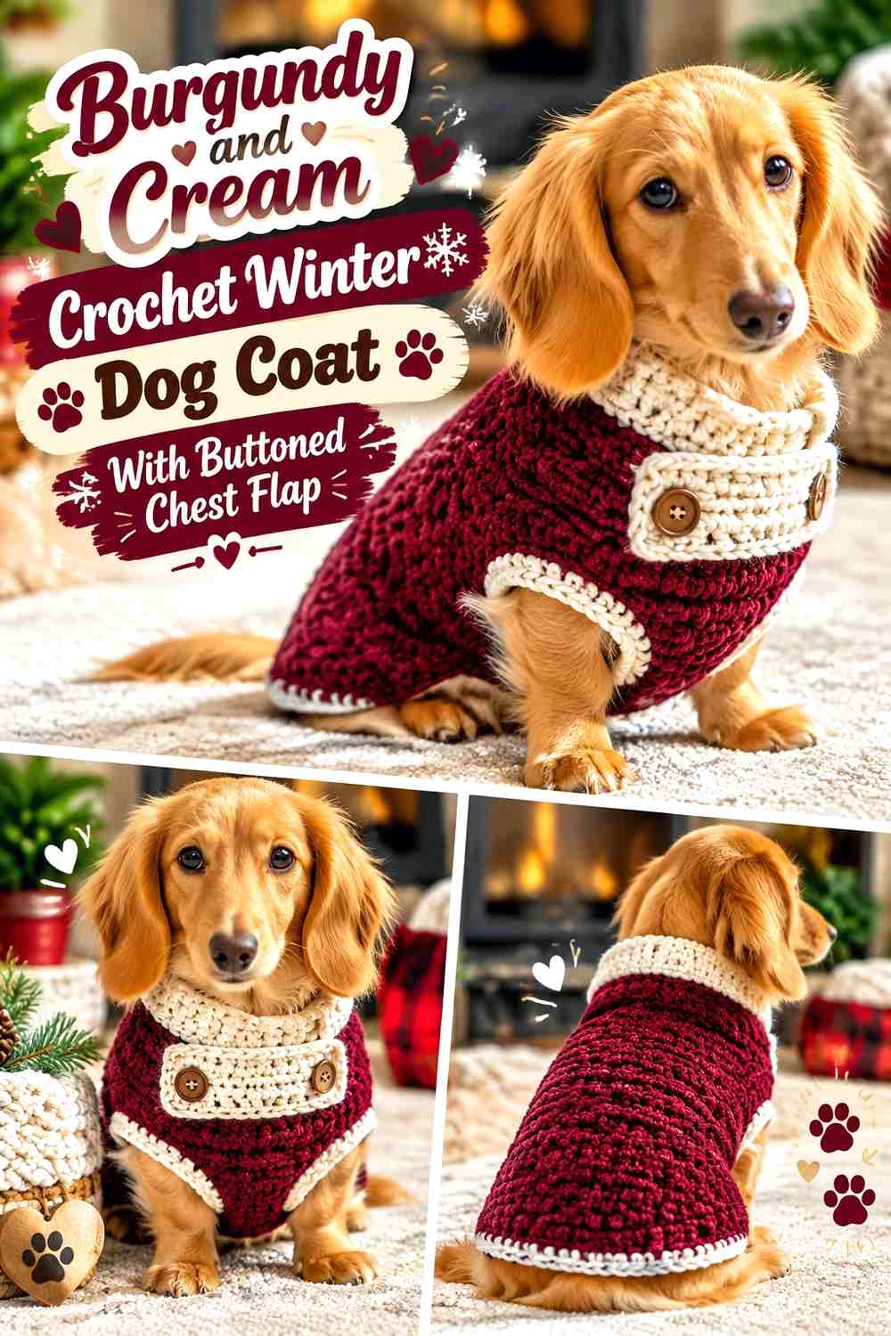 Burgundy and Cream Crochet Winter Dog Coat With Buttoned Chest Flap