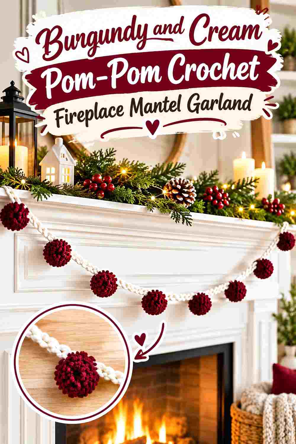 6. Burgundy And Cream Pom Pom Crochet Fireplace Mantel Garland