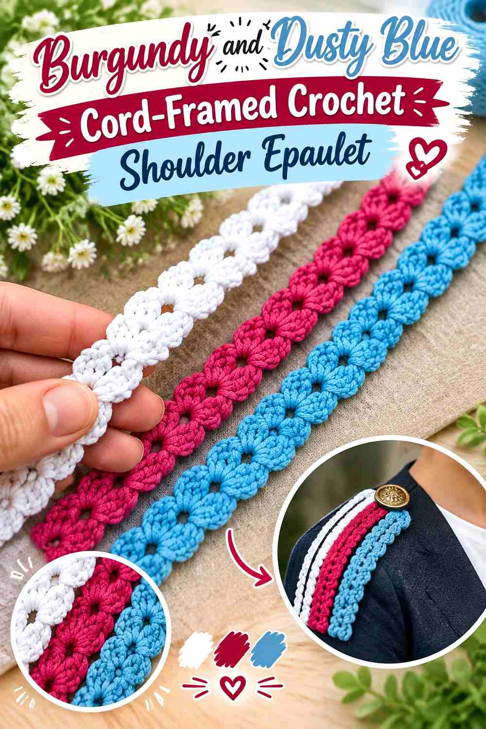 9. Burgundy And Dusty Blue Cord Framed Crochet Shoulder Epaulet