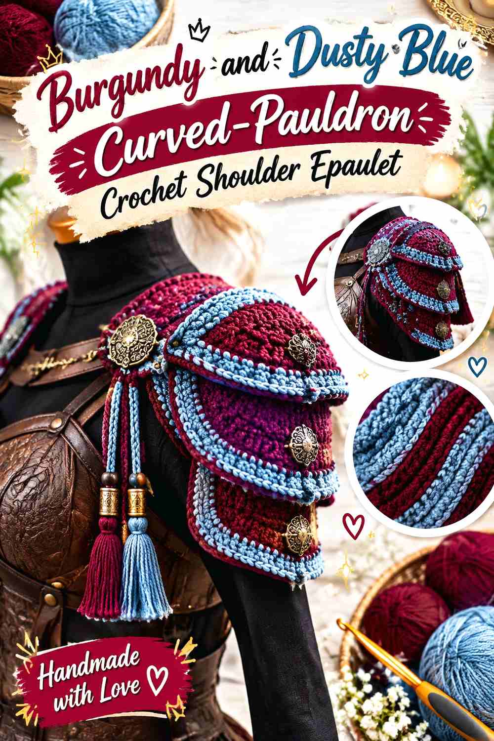 2. Burgundy And Dusty Blue Curved Pauldron Crochet Shoulder Epaulet