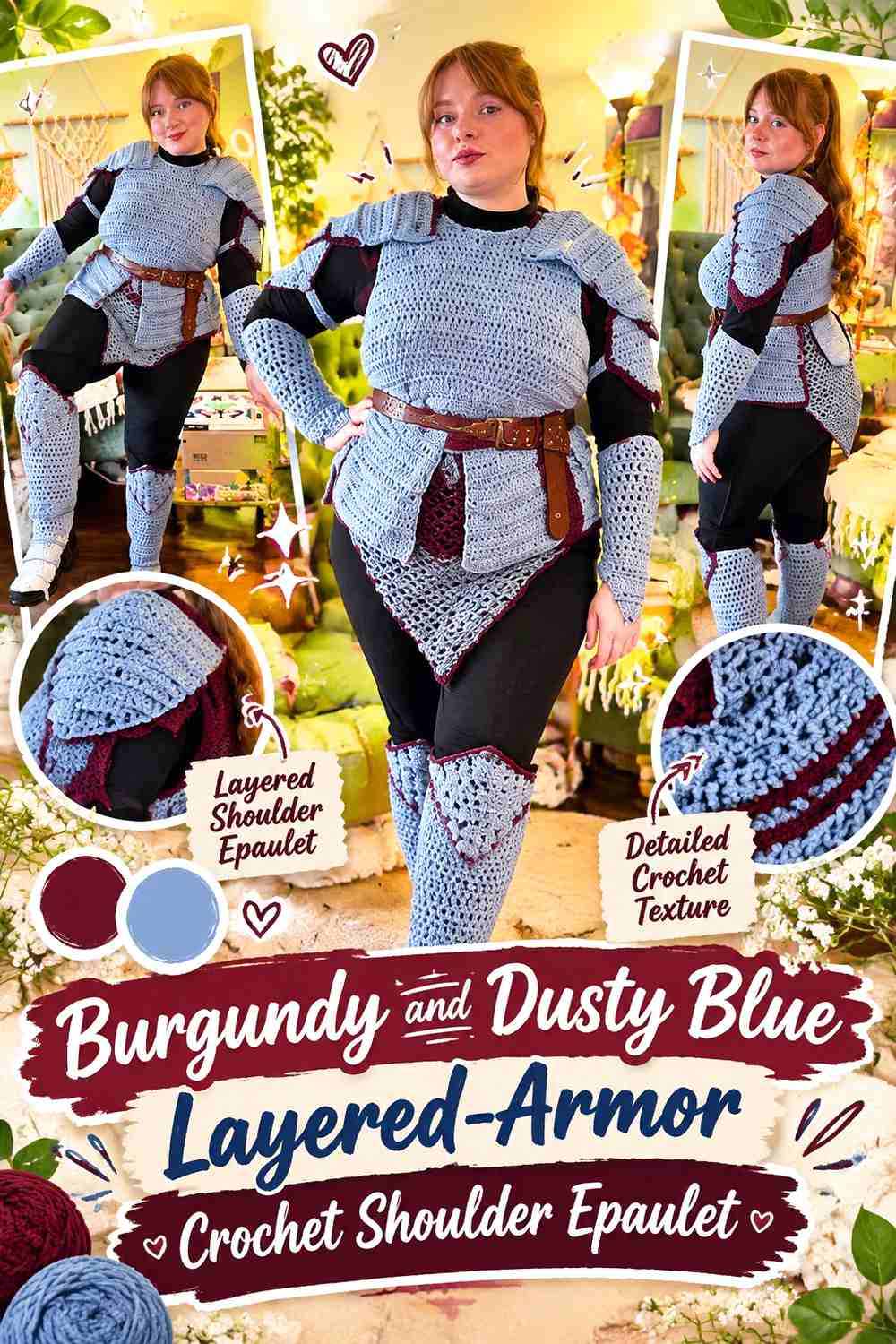 1. Burgundy And Dusty Blue Layered Armor Crochet Shoulder Epaulet