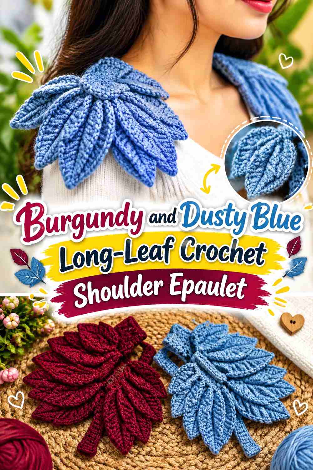 5. Burgundy And Dusty Blue Long Leaf Crochet Shoulder Epaulet
