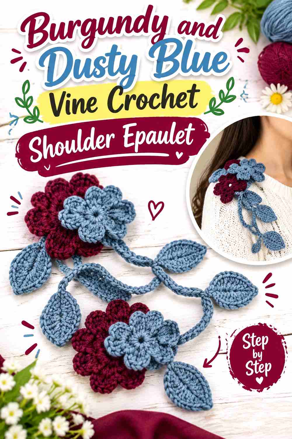 14. Burgundy And Dusty Blue Vine Crochet Shoulder Epaulet