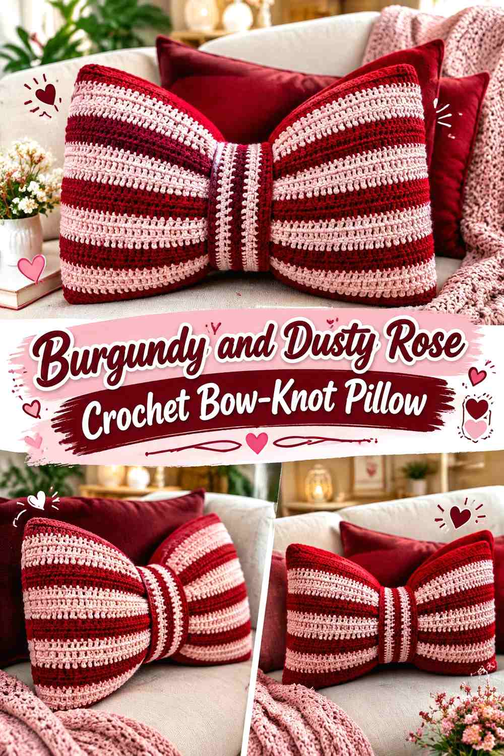 Burgundy and Dusty Rose Crochet Bow-Knot Pillow