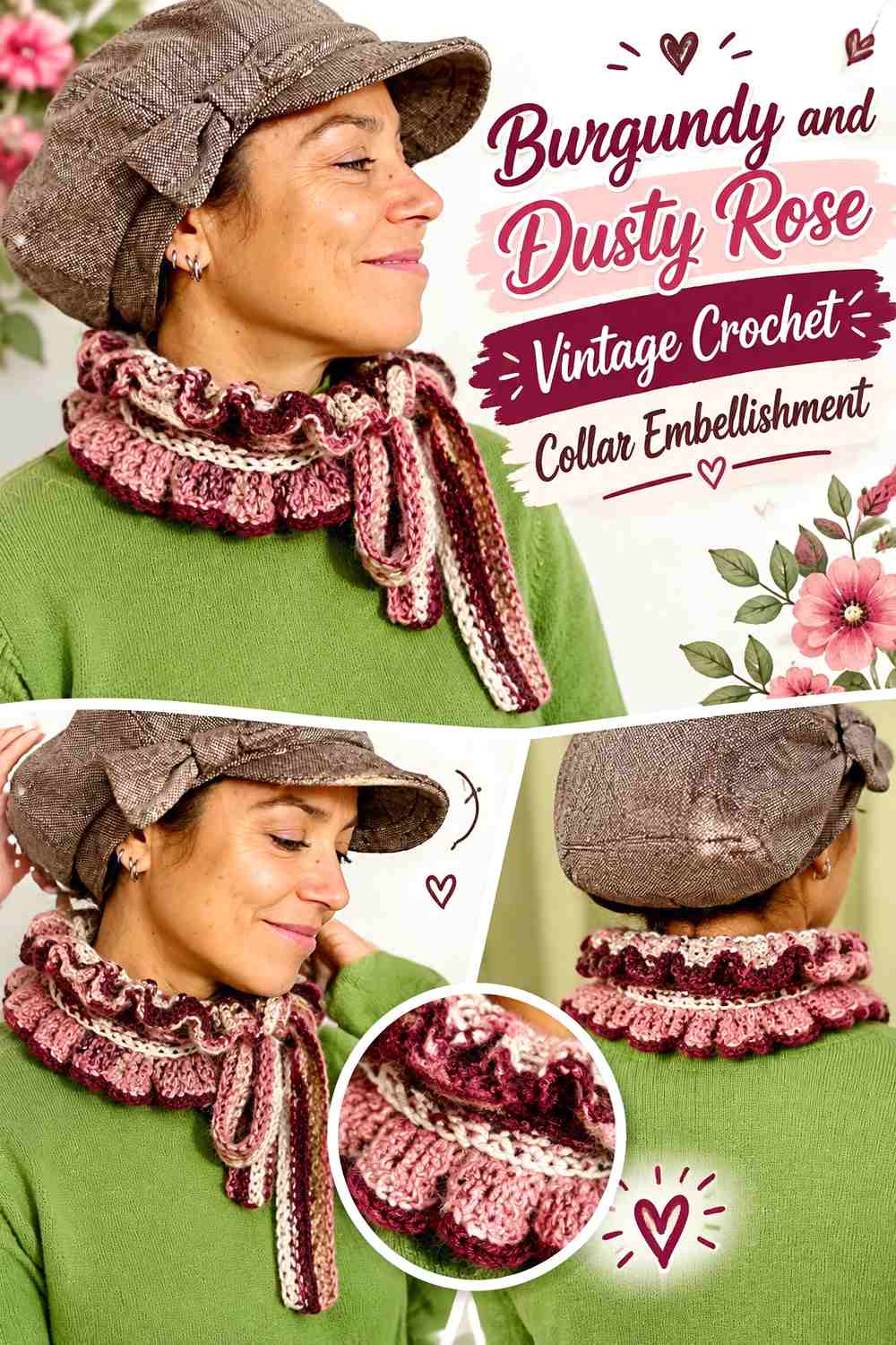 Burgundy and Dusty Rose Vintage Crochet Collar Embellishment