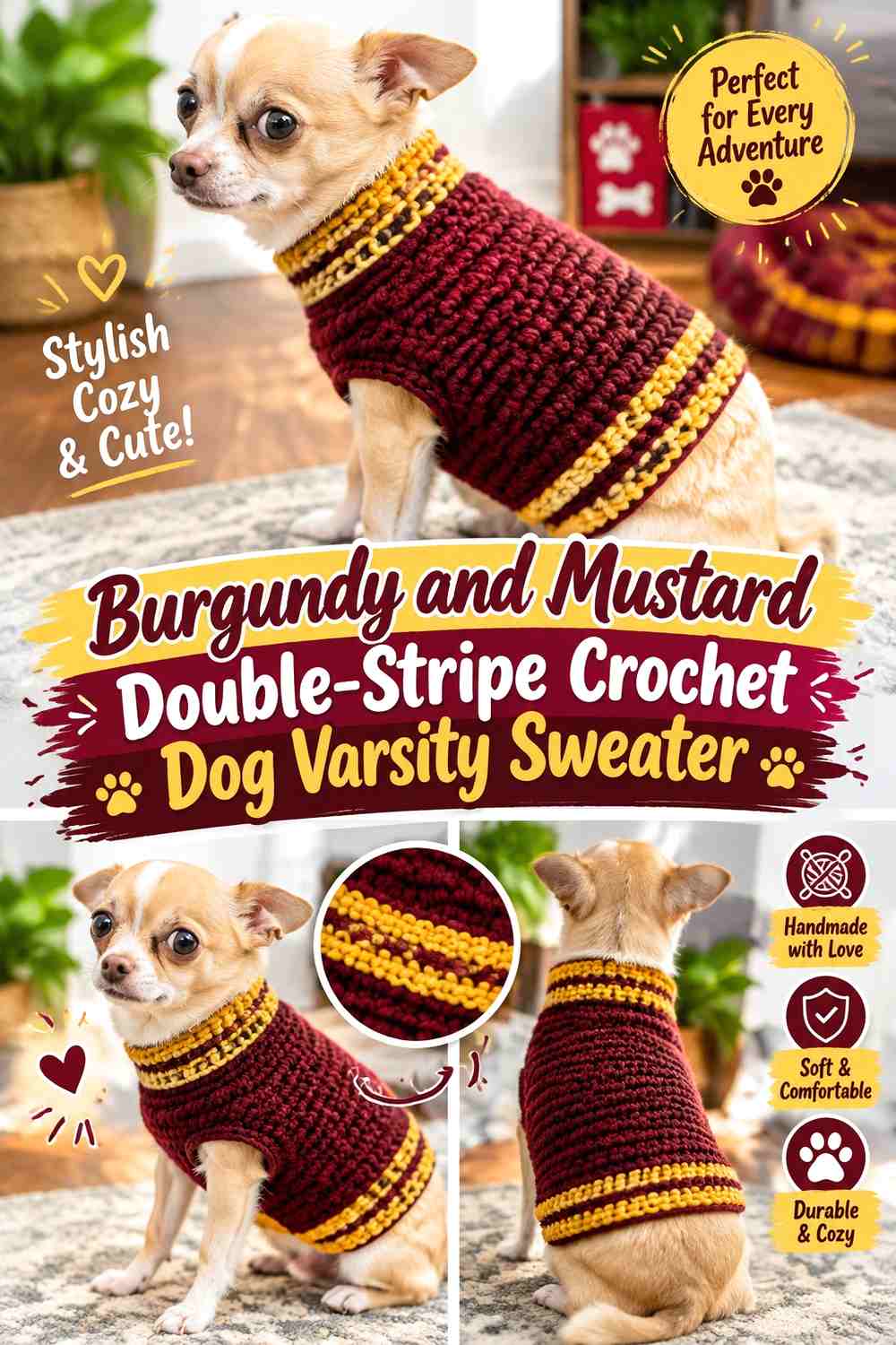 Burgundy and Mustard Double-Stripe Crochet Dog Varsity Sweater