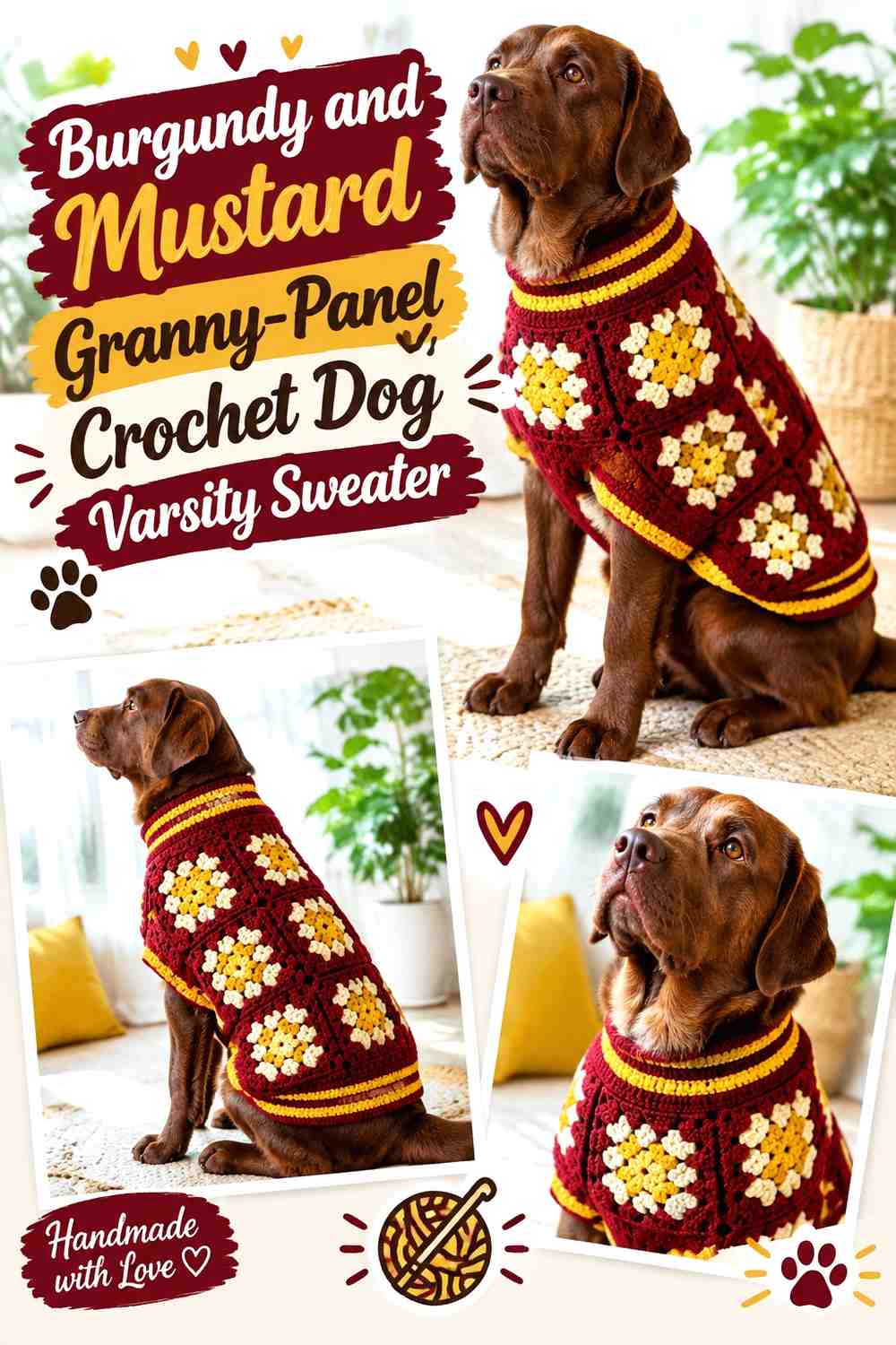 Burgundy and Mustard Granny-Panel Crochet Dog Varsity Sweater