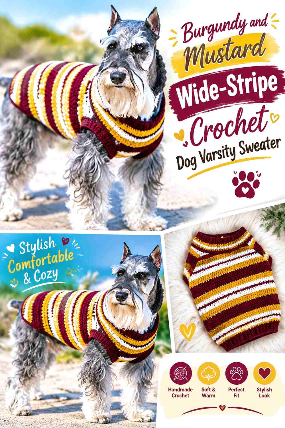 Burgundy and Mustard Wide-Stripe Crochet Dog Varsity Sweater