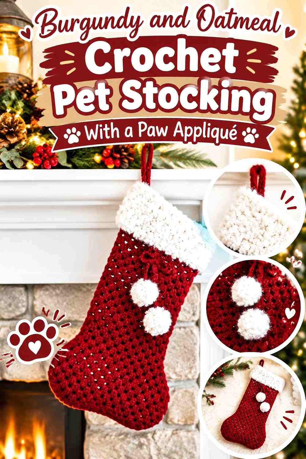 Burgundy and Oatmeal Crochet Pet Stocking With a Paw Appliqué