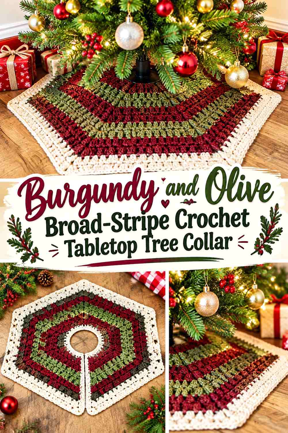 6. Burgundy And Olive Broad Stripe Crochet Tabletop Tree Collar