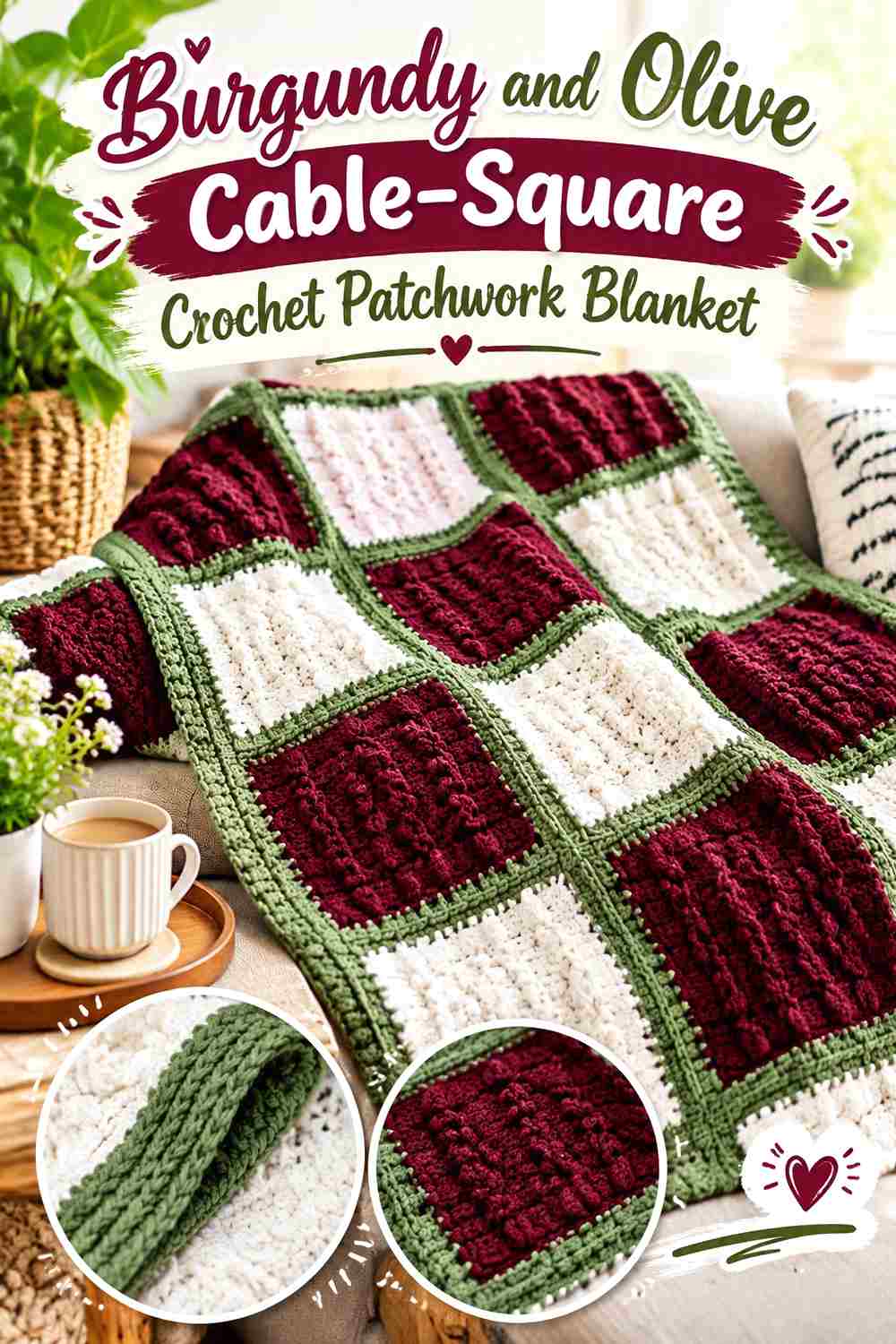 11. Burgundy And Olive Cable Square Crochet Patchwork Blanket