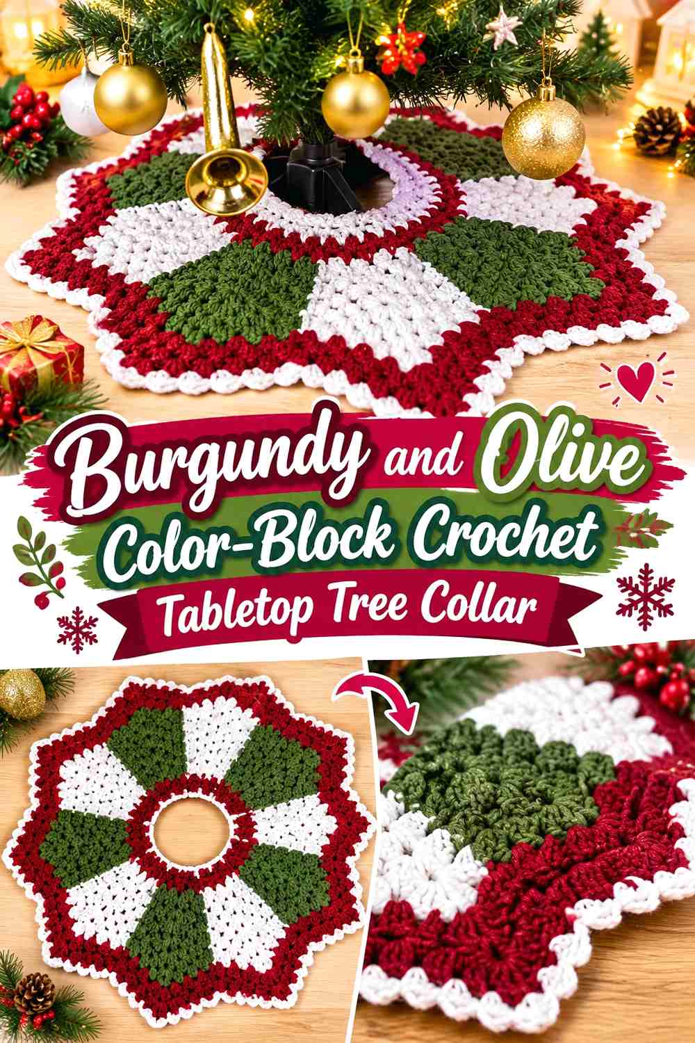 15. Burgundy And Olive Color Block Crochet Tabletop Tree Collar