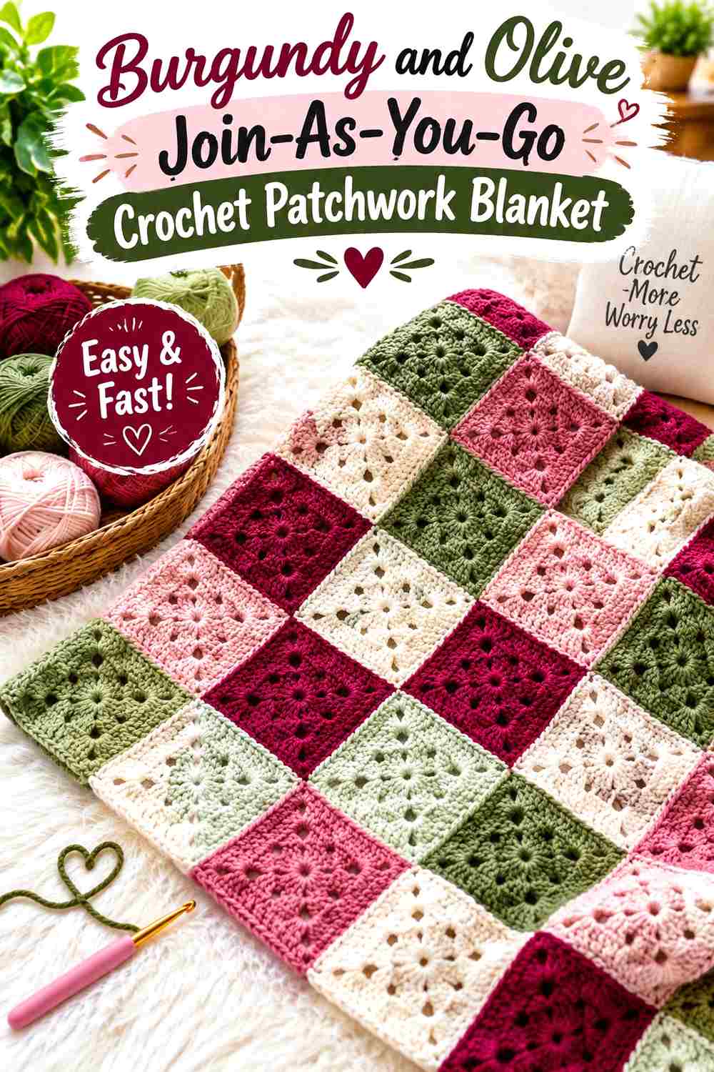 3. Burgundy And Olive Join As You Go Crochet Patchwork Blanket