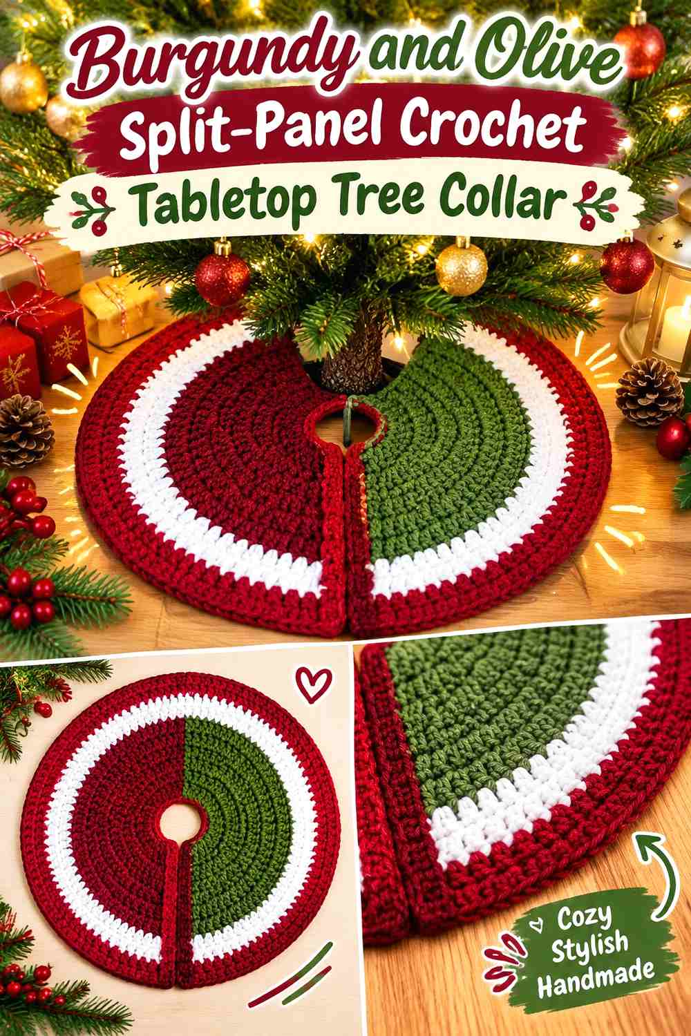 3. Burgundy And Olive Split Panel Crochet Tabletop Tree Collar