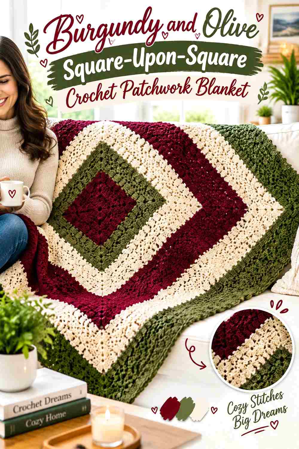 8. Burgundy And Olive Square Upon Square Crochet Patchwork Blanket