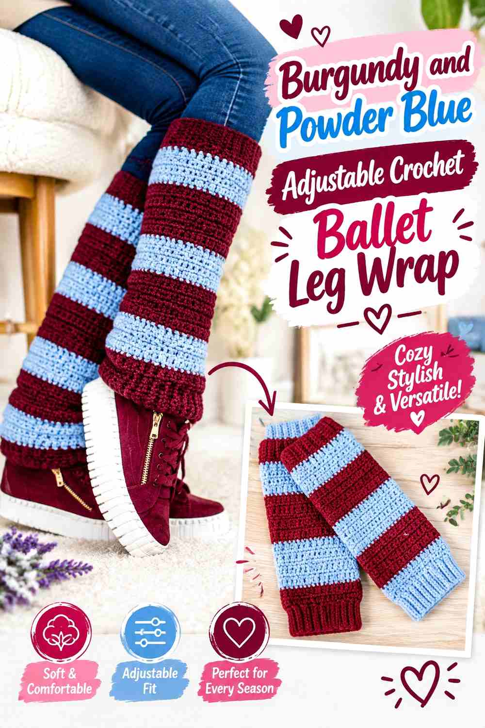 1. Burgundy And Powder Blue Adjustable Crochet Ballet Leg Wrap