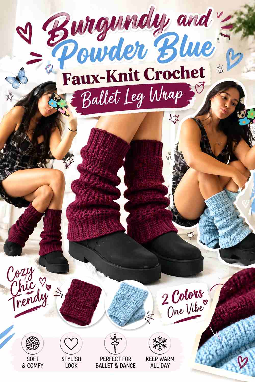 4. Burgundy And Powder Blue Faux Knit Crochet Ballet Leg Wrap